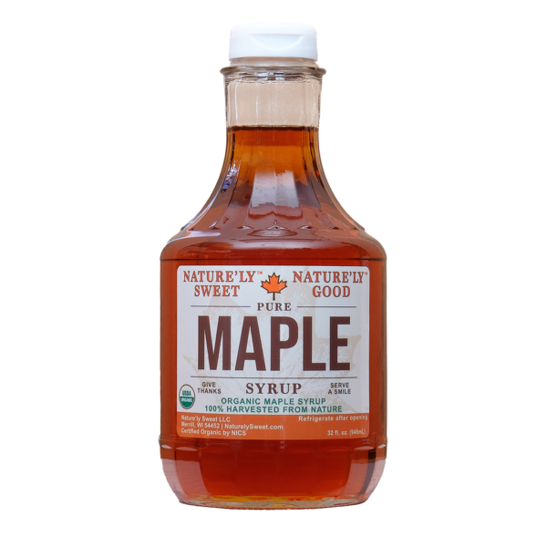Quart Decanter of organic pure maple syrup. Amber Rich Taste.