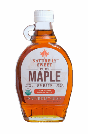 8 ounce glass container of organic maple syrup