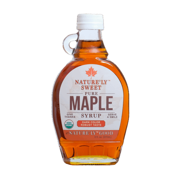 8 ounce glass container of organic maple syrup