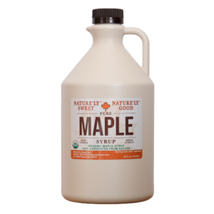 Pure maple syrup in plastic half gallon